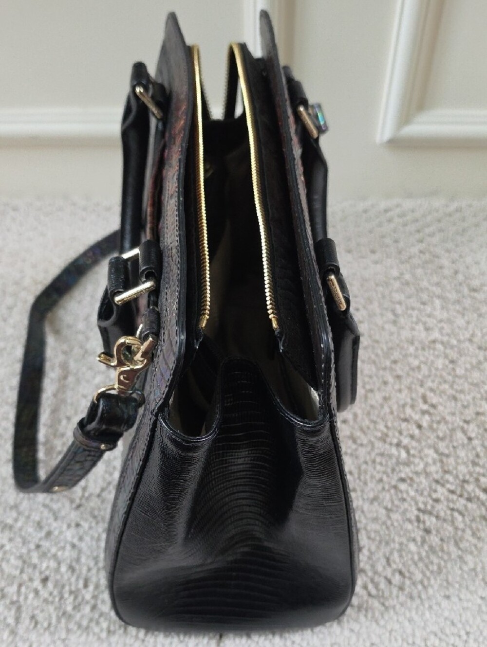 Brahmin Iridescent Croc-Embossed Satchel in Black with Multicolor Sheen - Picture 2 of 5